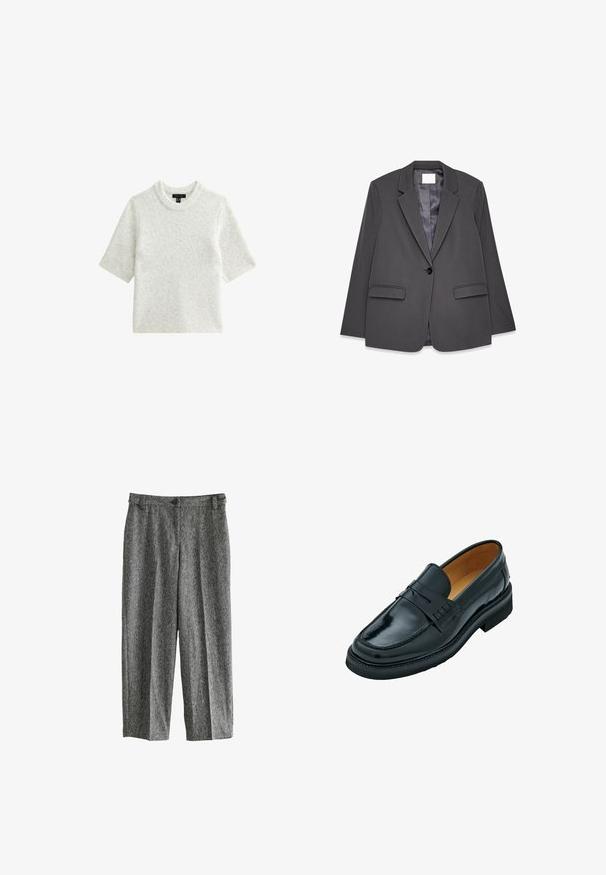 Grijze blazer van gladde stof, met een notch-kraag, enkele knoopsluiting, dubbele voorzakken en een zachte binnenvoering.; Korte mouwen, lichtgrijze trui gemaakt van zacht breimateriaal. Heeft een ronde halslijn en een ontspannen pasvorm, met een gladde textuur.; Grijze, textuurachtige broeken met een relaxte pasvorm, voorzien van een knoopsluiting, zijzakken en verticale naden langs de benen.; Zwarte leren instappers met een gladde afwerking, voorzien van een verhoogde band over de wreef, een ronde neus en een lage, platte rubberen zool.