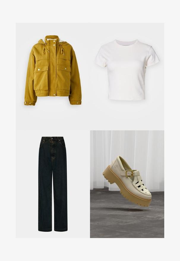 Žltá kapucňová bunda vyrobená z pevnej tkaniny. Obsahuje dve veľké predné vrecká, šnúrky a patentky. Mäkká vnútorná podšívka.; Denim Project DPMDPWRIBBED CROPPED T-SHIRT - Základné tričko - jet stream; Tmavomodré riflové nohavice s vysokým pásom a širokými nohami, so zapínaním na prednom gombíku a zips, pútka na opasok a predné vrecká.; Krémová kožená sandála s hnedej robustnou podrážkou a zlatou prackou vznášajúca sa nad sivou podlahou, v pozadí priehľadné biele záclony.