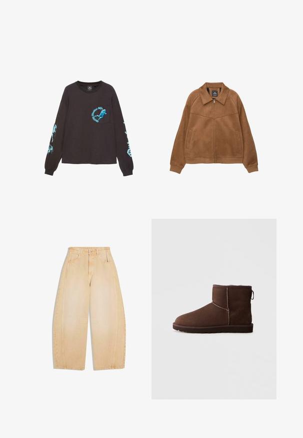 Veste zippée en faux daim marron avec un large col, deux poches avant et des poignets côtelés. Présente une texture lisse et mate ainsi que des lignes épurées.; Chemise noire à manches longues avec un graphique bleu de plongeur sous-marin et le texte « Marine Life Matters » sur la poche poitrine ainsi que des motifs marins bleus sur les manches.; Jean beige à jambes larges avec poches avant et arrière, passants de ceinture, fermeture par boutons et détails de coutures aux genoux et sur les côtés.; Bottine en daim marron avec des coutures visibles, semelle plate et doublure douce, vue du côté extérieur sur un fond uni.