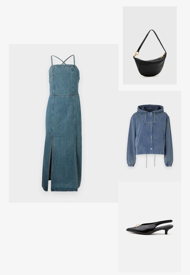 Jeansjack in vervaagd blauw met een capuchon, zilveren drukknoopsluitingen, elastische manchetten en verstelbare trekkoorden aan de onderkant en capuchon.; Denim jurk met een aansluitend lijfje, verstelbare kruisbanden op de rug en een zijsplit. Het heeft een gemiddelde blauwe wassing en een rechte snit.; Zwarte lakleren slingback kitten heel met een spitse neus en een klein gouden rond ornament bovenop.; Zwarte leren handtas in halve maanvorm met een enkele riem en goudkleurige ritssluiting en hardware details op een lichte achtergrond.
