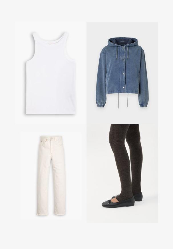 Jeansjack in vervaagd blauw met een capuchon, zilveren drukknoopsluitingen, elastische manchetten en verstelbare trekkoorden aan de onderkant en capuchon.; Witte katoenen tanktop met brede schouderbanden, een ronde halslijn en een gladde, geribbelde textuur. Geen patronen of accenten aanwezig.; Witte denim jeans met een recht gesneden ontwerp, vijf zakken en koperen hardware accenten. Afgeronde zoom aan de enkels.; Benen met donkere geribbelde leggings gecombineerd met zwarte ballerina's met kleine strikdetails op een witte achtergrond.