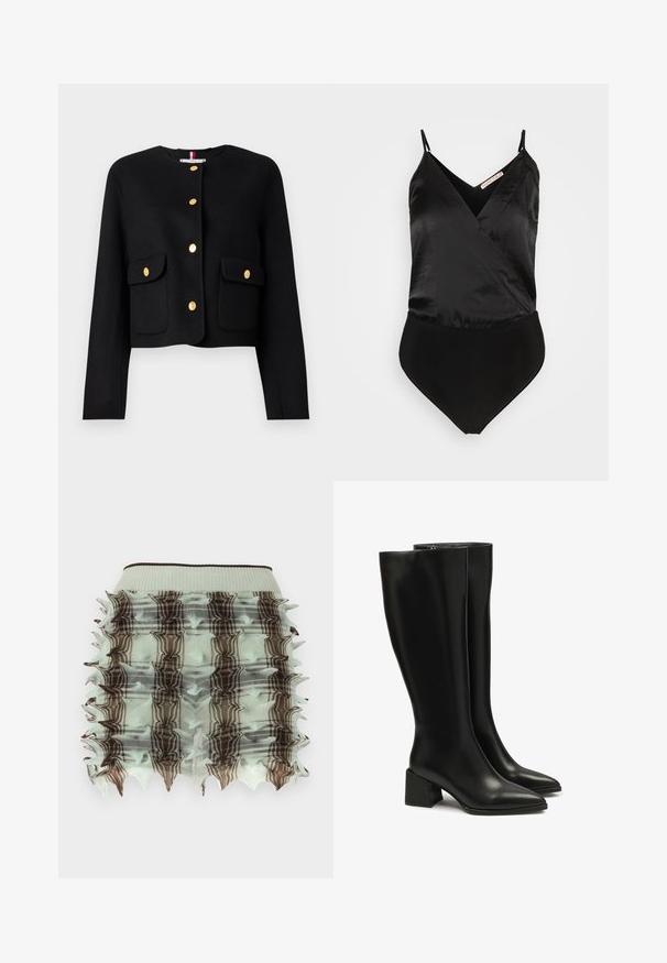 Veste noire courte à manches longues, dotée de boutons dorés et de deux poches avant. Texture lisse et col rond.; Anna Field Débardeur - black; Jupe froncée vert menthe avec un design en cage, ornée de motifs à carreaux marron et de bords effilés. Taille élastique pour un bon ajustement.; Bottes en cuir noires montant jusqu'aux genoux, avec un bout pointu et un large talon bloc. Texture lisse, couture minimaliste, et détail de fermeture éclair simple.