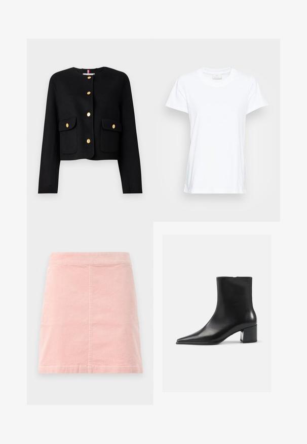 Sort cropped jakke med lange ærmer, der har guldknapper og to forlommer. Glat tekstur og rund halsudskæring.; Hvid kortærmet t-shirt lavet af blød bomuld. Har en rund halsudskæring og en let løs pasform med sideslidser for ekstra komfort.; Rosa corduroy mini nederdel med en tætsiddende talje og lodret ribbet tekstur. Den har en lige kant og har et simpelt design uden udsmykning.; Sort læder ankelstøvle med spidse tæer, glat tekstur og mellemhøj blokhæl. Minimalistisk design, lynlås lukning bagpå.