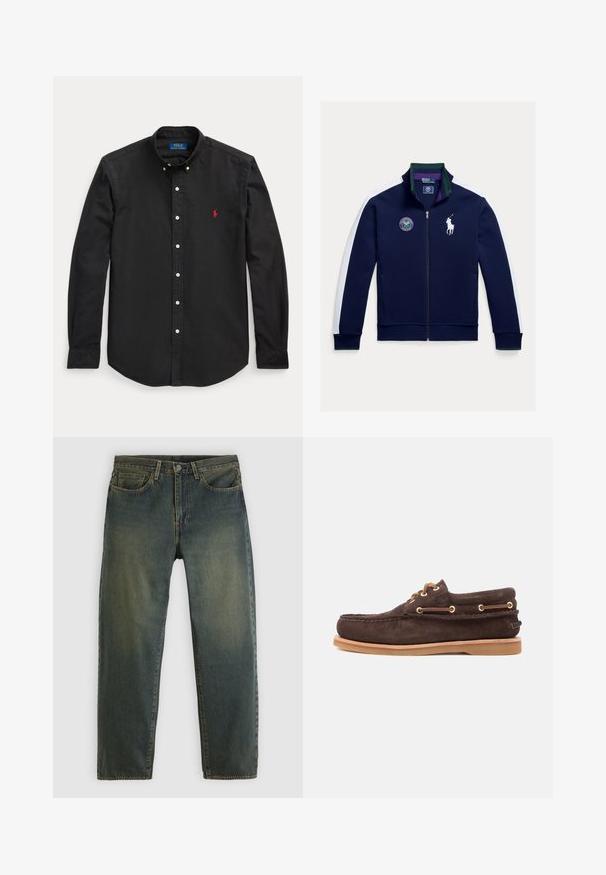 Marineblaue Jacke mit Reißverschluss, weißen Seitenpaneelen, grünen Akzenten und einem Wimbledon-Logo. Sie verfügt über einen hohen Kragen und eine glatte Stoffstruktur.; Schwarzes langärmliges Hemd mit Knöpfen, mit rotem, besticktem Logo auf der linken Brustseite und einem Button-Down-Kragen.; Dunkelgrüne Jeans aus Denim mit Fünf-Taschen-Design, Knopfverschluss und geradem Bein, auf einem schlichten hellen Hintergrund präsentiert.; Braune Wildleder-Bootsschuhe mit Leder-Schnürsenkeln, goldenen Ösen, gesticktem Mokassin-Zehen und hellbrauner Gummisohle auf weißem Hintergrund.