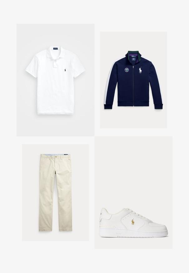 Marineblaue Jacke mit Reißverschluss, weißen Seitenpaneelen, grünen Akzenten und einem Wimbledon-Logo. Sie verfügt über einen hohen Kragen und eine glatte Stoffstruktur.; Weißes Poloshirt aus Baumwolle. Es hat einen klassischen Kragen, eine Drei-Knopf-Leiste, kurze Ärmel und ein kleines navy Logo auf der Brust.; Beige Baumwollhosen mit geradem Bein, Gürtelschlaufen, vorderem Knopf, Reißverschluss und Seitentaschen.; Weißer Leder-Sneaker mit niedrigem Schnitt, weißen Schnürsenkeln und einem goldfarbenen Polo Ralph Lauren-Logo an der Seite sowie "Polo" auf der Sohle geprägt.