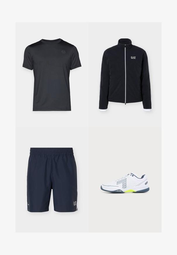 Veste noire zippée avec col haut et logo blanc EA7 Emporio Armani sur la poitrine gauche et bordure blanche le long des manches.; T-shirt noir à manches courtes en tissu lisse, doté d'un col rond et d'un logo discret sur la poitrine. Coupe décontractée sans motifs visibles.; Shorts de sport bleu marine pour homme avec taille élastique et logo blanc sur l'ourlet gauche, présenté sur un fond clair uni.; Chaussure de sport blanche avec semelle gris foncé, accent jaune clair, design rayé noir et logo EA7 sur le côté, affichée sur un fond uni.