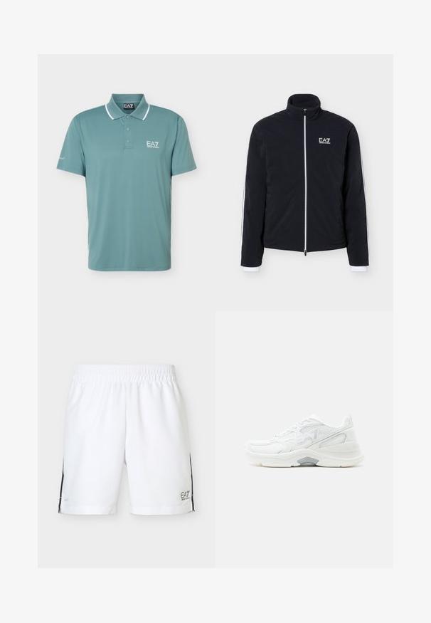Veste noire zippée avec col haut et logo blanc EA7 Emporio Armani sur la poitrine gauche et bordure blanche le long des manches.; Polo vert à manches courtes avec bordure blanche au col et logo EA7 Emporio Armani sur la poitrine et la manche.; Shorts de sport blancs avec taille élastique et bandes latérales noires, avec le logo EA7 Emporio Armani sur la partie inférieure de la jambe droite.; Baskets blanches à lacets de style athlétique avec empeigne en mesh et synthétique, semelle rembourrée et léger accent gris sur la semelle intermédiaire, vues de profil.