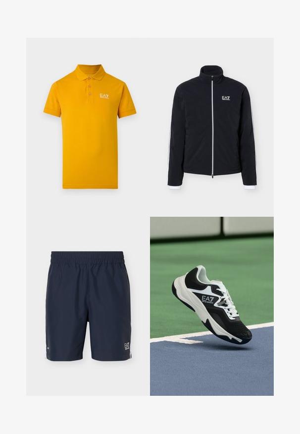 Veste noire zippée avec col haut et logo blanc EA7 Emporio Armani sur la poitrine gauche et bordure blanche le long des manches.; Polo jaune vif à manches courtes avec trois boutons et logo blanc "EA7 Emporio Armani" sur le côté gauche de la poitrine.; Shorts de sport bleu marine pour homme avec taille élastique et logo blanc sur l'ourlet gauche, présenté sur un fond clair uni.; Baskets EA7 Emporio Armani en noir et blanc suspendues au-dessus des lignes bleues et vertes d'un court de tennis.
