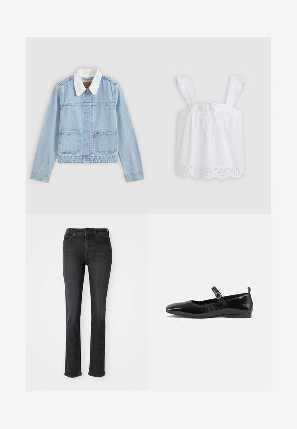 Veste en denim bleu clair avec col blanc, fermeture à boutons sur le devant et deux poches avant sur fond uni.; Top sans manches blanc avec des bretelles volantes, un devant à cordon de serrage et de la broderie florale en œillets le long de l'ourlet. Tissu en coton léger.; Jean droit noir avec poches avant et arrière, passants de ceinture, et fermeture à bouton et zip.; Chaussure plate en cuir verni noir avec un bout pointu, une sangle de cheville avec boucles, et une texture lisse et brillante. Talon bas pour le confort.
