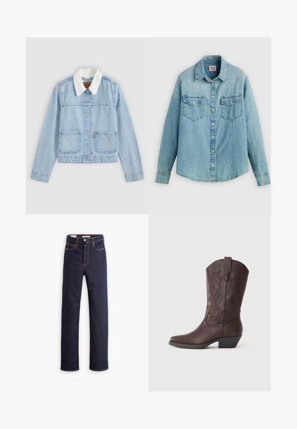 Lyseblå denimjakke med hvid krave, foran knapper og to forlommer på en ensfarvet baggrund.; Lyseblå denimskjorte med klassisk krave, knaplukning foran, to brystlommer og manchetter med knap samt en let buet kant forneden.; Mørkeblå straight-leg denim jeans med fem lommer og synlig orange syning på hvid baggrund.; Brun lædercowboystøvle med spids snude, dekorative syninger på skaftet og en lav, stablet hæl. Glat tekstur og buet design.