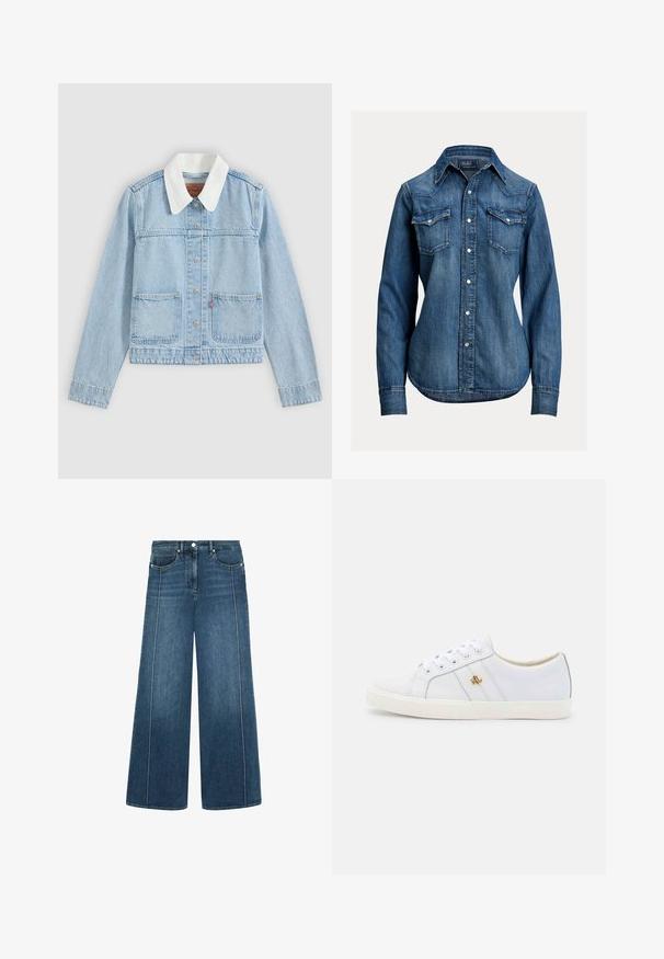 Lyseblå denimjakke med hvid krave, foran knapper og to forlommer på en ensfarvet baggrund.; Langærmet blå denimskjorte med perleknapper, to brystlommer med klap og spids krave fra Polo Ralph Lauren.; Bredde ben jeans i mørkeblå denim med kontrasterende hvid sying, fem-lomme design og en knaplukning i taljen.; Lauren Ralph Lauren JANSON II ACTION LEATHER SNEAKER - Sneakers - real white