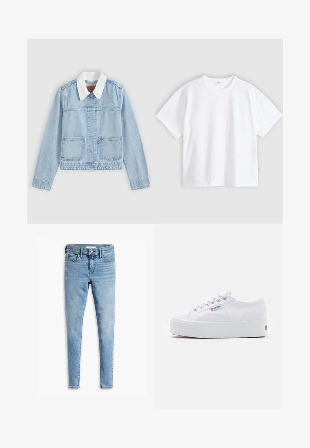Lyseblå denimjakke med hvid krave, foran knapper og to forlommer på en ensfarvet baggrund.; Hvid bomuld t-shirt med korte ærmer, rund hals, afslappet pasform, glat tekstur og en lille logolabel på venstre sidesøm.; Lyseblå super skinny jeans med frontknap og lynlås, bæltestropper og fem lommers design.; Hvide canvas sneakers med en tyk hvid platformssål, rund tå og metaløjelets til snørebånd. Mærkets logo præsenteret på siden.