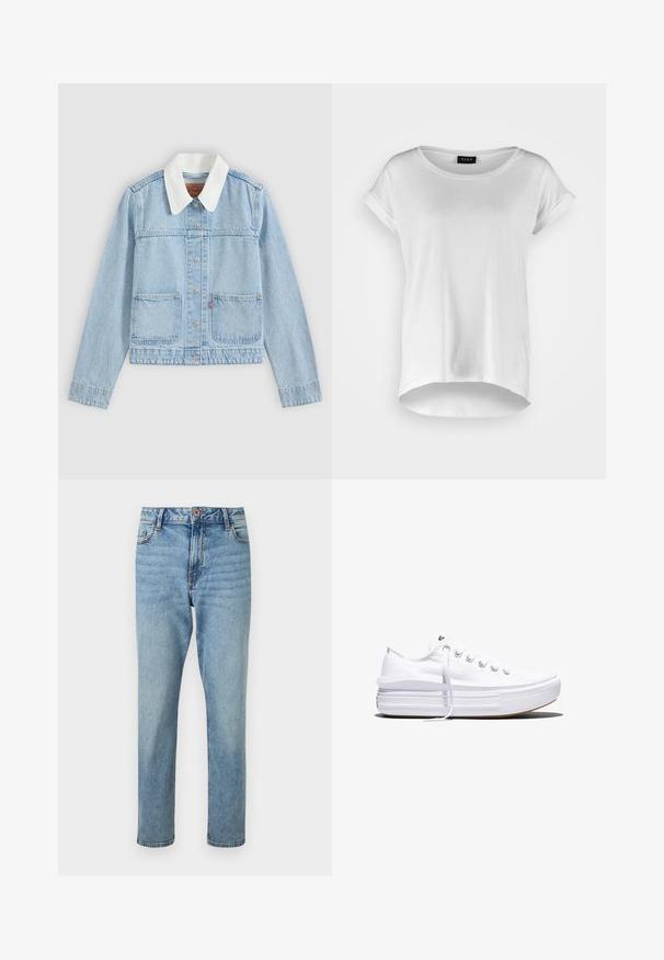 Lyseblå denimjakke med hvid krave, foran knapper og to forlommer på en ensfarvet baggrund.; Hvid kortærmet T-shirt med rund halsudskæring, lidt længere bagkant, blødt bomuldsstof og oprullede ærmer. Ingen synlige tryk.; Lyseblå højtaljede jeans med rette ben, forsideknap og lynlåslukning, forlommer og subtile falmede detaljer.; Hvid lavt snørestøvle med tyk plateau-sål, snørelukning foran og gummiforstærket tåkap, set i sideprofil.