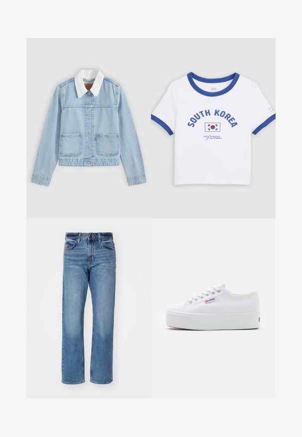 Lichtblauw spijkerjasje met witte kraag, knoopsluiting aan de voorkant en twee voorzakken op een effen achtergrond.; Witte T-shirt met korte mouwen en een blauwe kraag en manchetten, met de tekst "SOUTH KOREA", de Zuid-Koreaanse vlag en het Levi Strauss California logo.; Lichtblauwe rechte jeans gemaakt van denim. Bevat vijf zakken, een klassieke knoopsluiting en subtiele fading door de stof.; Witte canvas sneaker met een dikke witte platformzool, ronde neus en metalen oogjes voor veters. Merkl logo aan de zijkant weergegeven.