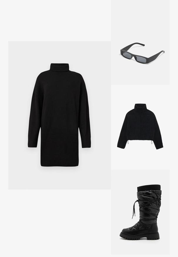 Sort fløjl cropped jakke med høj krave, trykknapper og to sidelommer. Har en justerbar snor i kanten.; Sort langærmet sweaterkjole med høj krave. Lavet af et blødt, strikket stof. Har ribbede manchetter og kant. Enkel design, ingen mønstre.; Sorte knæhøje støvler med en kviltet tekstur, der har snørebåndsdesign, kontrasterende ribbet topkant og en tyk, robust sål.; Sorte rektangulære solbriller med mørke linser og tykke matte stel. Armen er let tilspidset med en glat overflade.