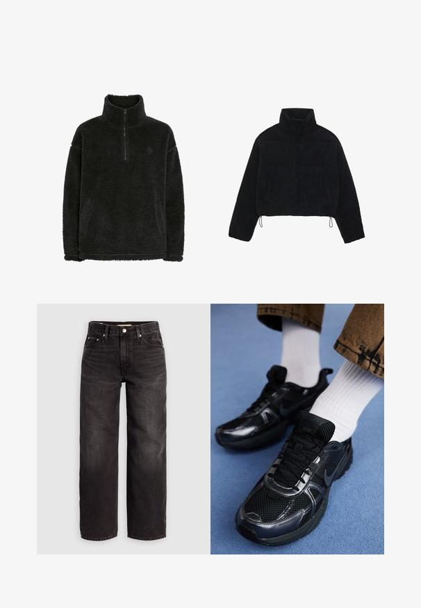 Schwarze Cordjacke mit Cropped-Schnitt, hohem Kragen, Druckknöpfen und zwei Seitentaschen. Verfügt über einen verstellbaren Kordelzug am Saum.; Schwarzer Fleece-Pullover mit einem Reißverschlusskragen, weicher, strukturierter Oberfläche und bequemer Passform. Verfügt über eine Naht entlang des Saums und der Bündchen.; Levi's® BAGGY DAD - Baggy Jeans - shrink up; Schwarze Nike-Sneaker aus Mesh und synthetischem Material mit strukturierter Oberseite, schwarzen Schnürsenkeln und strapazierfähigen Gummisohlen. Weiße, gerippte Socken sind sichtbar.