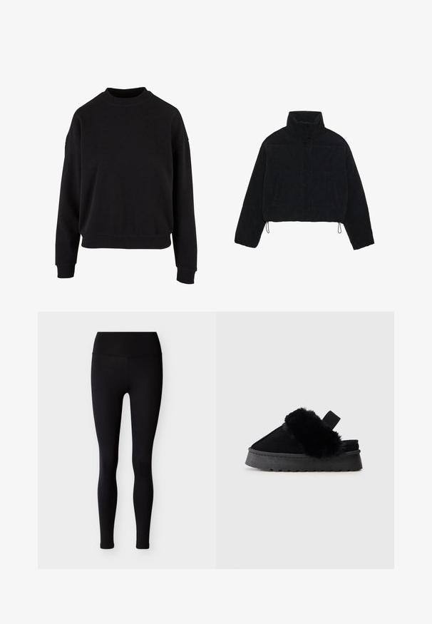 Schwarze Cordjacke mit Cropped-Schnitt, hohem Kragen, Druckknöpfen und zwei Seitentaschen. Verfügt über einen verstellbaren Kordelzug am Saum.; Schwarzer Sweatshirt aus weicher Baumwolle mit Rundhalsausschnitt, überschnittenen Schultern und gerippten Bündchen in entspannter Passform.; Schwarze Leggings aus dehnbarem Stoff mit hohem Bund und figurbetontem Schnitt. Glatte Textur, keine Muster oder Verzierungen.; Schwarze Slipper mit einem weichen Obermaterial aus Kunstfell, gepolstertem Fußbett und elastischem Riemen auf der Rückseite für ein einfaches Anziehen. Flache, strukturierte Sohle.