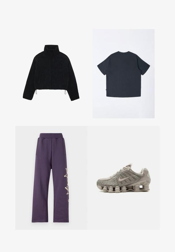 Zwarte corduroy cropped jas met een hoge kraag, drukknoopsluiting en twee zijzakken. Voorzien van een verstelbare trekkoord aan de zoom.; Donkergrijze katoen t-shirt met korte mouwen, ronde halsontwerp en een rechte zoom. Minimalistische stijl zonder zichtbare patronen of accenten.; Paarse joggingbroek met een elastische tailleband, zijzakken en een gouden grafisch ontwerp op het linkerpoot. Zacht materiaal met een losse pasvorm.; Lichtbeige Nike Shox sneaker met zichtbare zuilachtige dempende zool en mesh details op het bovenwerk.