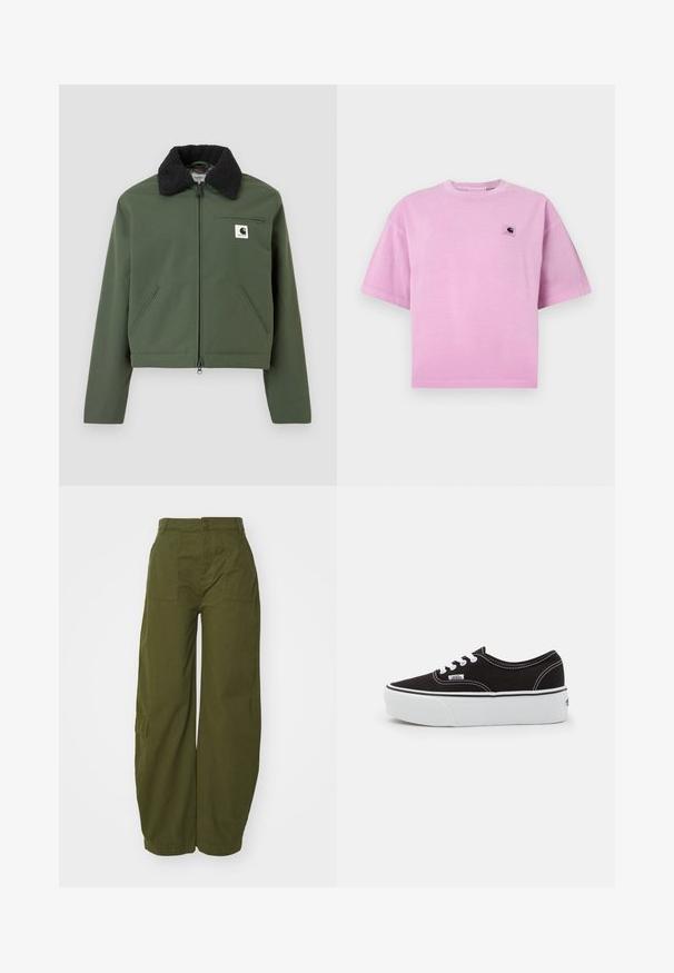 Veste verte courte avec un col noir et duveteux. Comprend une fermeture éclair, des poches latérales et une poche poitrine, fabriquée dans un matériau lisse.; T-shirt en coton rose à manches courtes, col rond, avec une petite écusson logo sur la partie gauche de la poitrine. Texture lisse et coupe décontractée.; Pantalons cargo vert olive en coton, avec une coupe large, des poches avant et une fermeture à bouton à la taille.; Baskets en toile noires avec une semelle en caoutchouc blanc, dotées de lacets et de coutures blanches, marquage emblématique sur le côté, design basse.