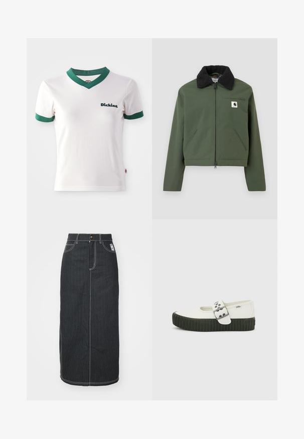 Chaqueta corta verde con un cuello negro y esponjoso. Presenta un cierre de cremallera, bolsillos laterales y en el pecho, fabricada con un material suave.; Camiseta de algodón blanca de manga corta con cuello en V y ribetes verdes; cuenta con el logo de "Dickies" en verde oscuro en el lado izquierdo del pecho. Textura de algodón suave.; Falda midi de mezclilla negra con rayas verticales blancas. Presenta una cintura con botones, dos bolsillos delanteros y costuras de contraste. Diseño ajustado recto.; Zapato Mary Jane de Vans blanco con suela gruesa negra acanalada y una gran hebilla plateada en una correa, sobre un fondo gris liso.