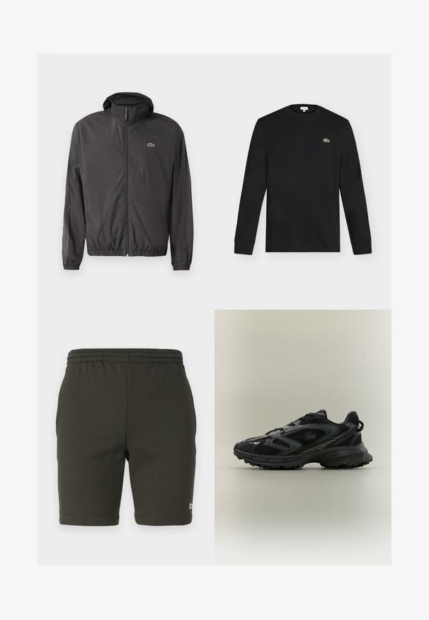 Veste coupe-vent noire légère avec fermeture éclair, poignets élastiques et col montant. Présente un petit logo vert sur la poitrine.; T-shirt noir manches longues à col rond avec un petit logo crocodile vert sur la poitrine gauche, présenté sur un fond clair uni.; Shorts vert foncé avec taille élastique en tissu doux. Présentent une coupe droite, des jambes ourlées et un petit logo sur le bas à droite.; Chaussure de sport noire avec des panneaux en mesh, une semelle texturée, des lacets et une silhouette courbée avec des accents argentés sur les côtés.