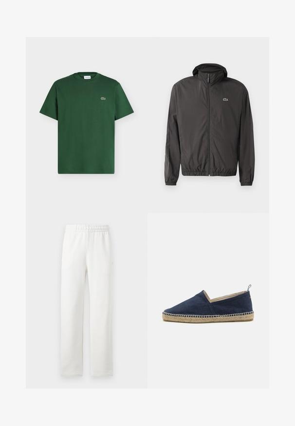 Chaqueta cortaviento negra ligera con cierre de cremallera, puños elásticos y cuello alto. Presenta un pequeño logo verde en el pecho.; Camiseta de algodón de manga corta en verde oscuro con cuello redondo y pequeño logo del cocodrilo de Lacoste en el pecho izquierdo.; Pantalones de pierna recta con cintura elástica blanca y bolsillos laterales, confeccionados con un tejido suave y liso.; Zapato slip-on de lona azul marino con suela de yute, con corte bajo y detalles de costura sutiles. Presenta una lengüeta en el talón para ponerlo con facilidad.