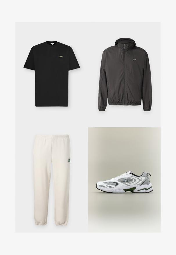Lichtgewicht zwarte windjack met ritssluiting, elastische manchetten en een opstaande kraag. Voorzien van een klein groen logo op de borst.; Zwarte korte mouw T-shirt met een ronde hals en een klein groen krokodillenlogo op de linkerborst op een lichtgrijze achtergrond.; Lichtbeige sweatpants van katoen, met een elastische tailleband, geribde boorden en een groen logo met een bladerenontwerp op het linkerpand.; Witte en grijze sportieve hardloopschoen met meshpanelen, groene accenten, zwarte details en een logo aan de zijkant, getoond vanaf de buitenkant.