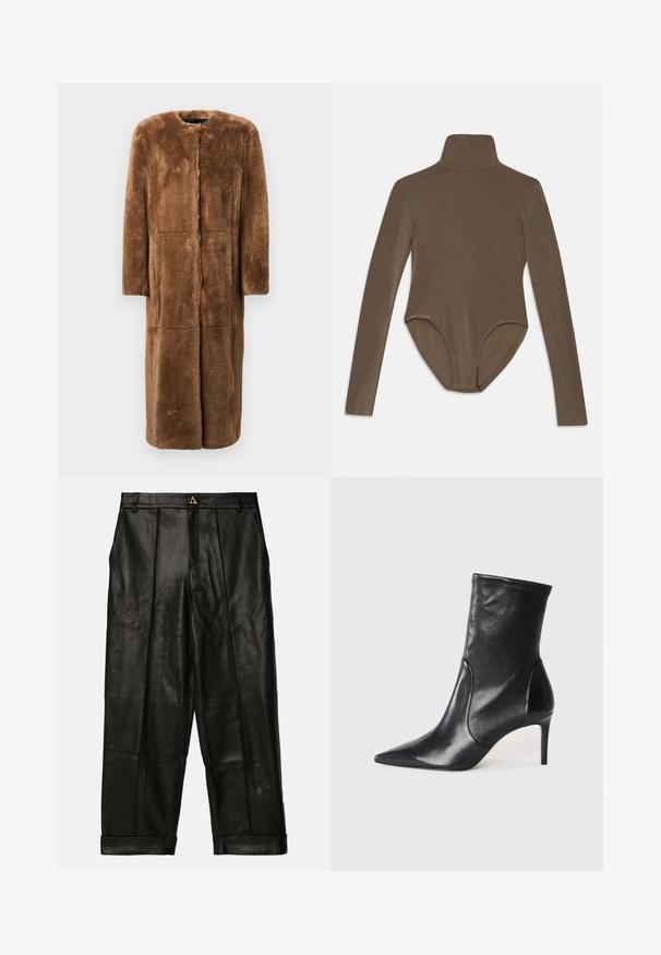 Brauner Kunstfellmantel, knielang, gerade Silhouette, runder Ausschnitt, lange Ärmel und nahtlose Paneele mit einer weichen, strukturierten Oberfläche.; Langarm-Bodysuit aus dunkelbraunem Stoff mit hohem Kragen, glatter Textur und tiefem Rückenausschnitt für eine enge Passform.; AERON ZIMA PANTS - Lederhose - black; Schwarze Stiefeletten aus glattem Leder, mit einer spitzen Zehe, schmalem Schaft und schlanker, hoher Ferse. Minimalistisches Design ohne sichtbare Beschläge.