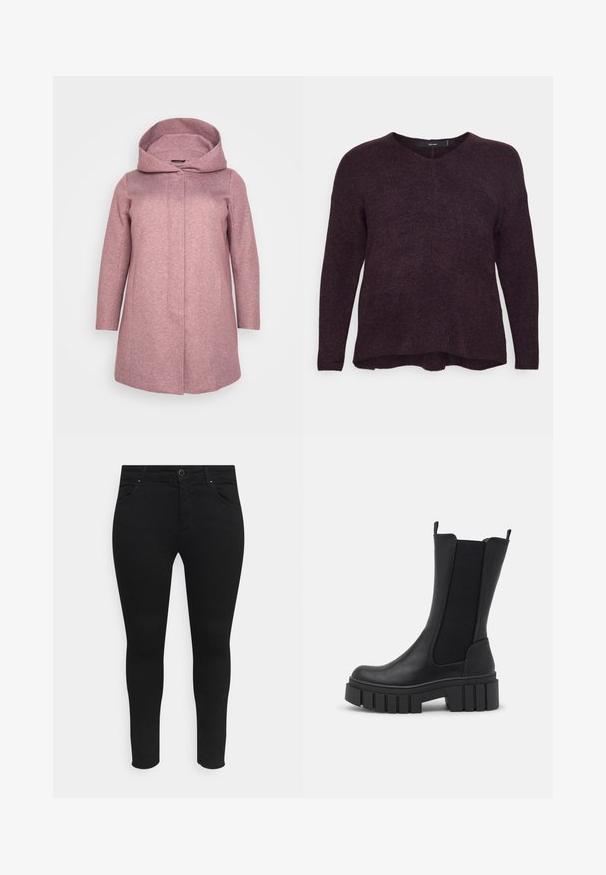 ONLY Carmakoma CARSEDONA COAT - Korte frakker - rose brown melange; Vero Moda Curve V-NECK CURVE - Striktrøje - winetasting; Sorte skinny jeans lavet af et strækstof, med forlommer, en knaplukning og et strømlinet design uden synlige mønstre eller udsmykninger.; Sort ankelstøvle med en kombination af kunstlæder og elastiske sidepaneler. Kraftig platformsål med lodrette riller for bedre greb.