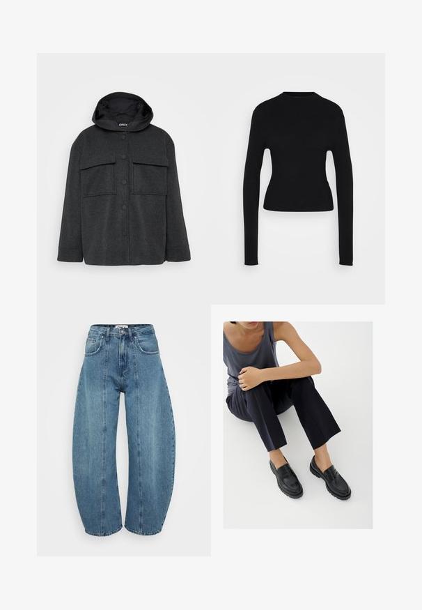Chaqueta con capucha de color gris oscuro, hecha de una tela texturizada. Presenta dos bolsillos en el pecho y un cierre frontal de botones con botones negros.; Suéter de punto acanalado negro ajustado de manga larga con un cuello redondo alto y un dobladillo ligeramente cropped sobre fondo blanco.; Vaqueros de tiro alto en azul claro, fabricados en denim, con corte de pata ancha, cinco bolsillos y detalles de costura. Textura suave con un acabado limpio.; Mocasines de cuero negro con detalles texturizados, tacón bajo, puntera redonda y costuras visibles. Modelo vistiendo pantalones oscuros y una blusa gris.