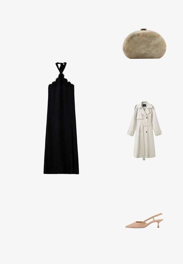 Lichtbeige trenchcoat met brede revers, dubbelrij knopen, tailleceintuur, schouderepauletten en manchettenbandjes.; Lange zwarte halterjurk met roosdetails langs de halslijn en een hoge split aan de zijkant.; Puntige, naakte slingback hakken met een lage kitten heel, gemaakt van glanzend materiaal, met een slanke band en een verstelbare gesp.; Kleine beige marmeren harde schaal clutch tas met afgeronde vorm en gouden sluiting bovenop.