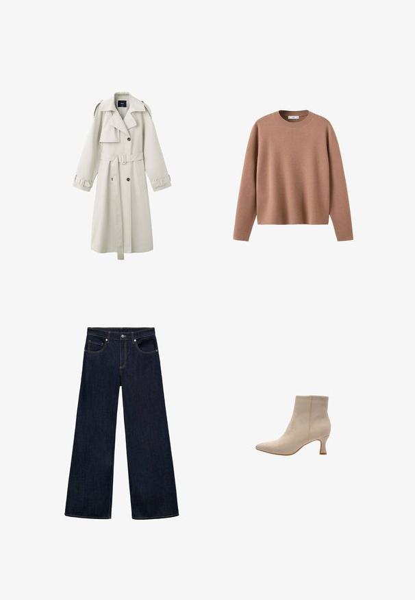 Lysebeige trenchcoat med brede revers, dobbeltradede knapper, bælte i taljen, skulderklapper og manchetstraps.; Lysebrun crewneck-trøje med lange ærmer, ribbet krave og et enkelt, ensfarvet strikdesign.; Mørkeblå denim brede bukser med høj talje, der har fem lommer, metalknaplukning og synlige stikninger.; Salinyang SALINYANG - Støvletter - natur