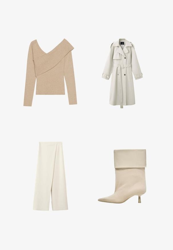 Lichtbeige trenchcoat met brede revers, dubbelrij knopen, tailleceintuur, schouderepauletten en manchettenbandjes.; Even&Odd by Zalando Trui - mottled beige; Crèmekleurige broek met wijde pijpen, een hoge taille en een overlappend voorpaneel.; Beige suède kuitlaars met een omgeslagen boord, puntige neus en een korte, smalle hak.