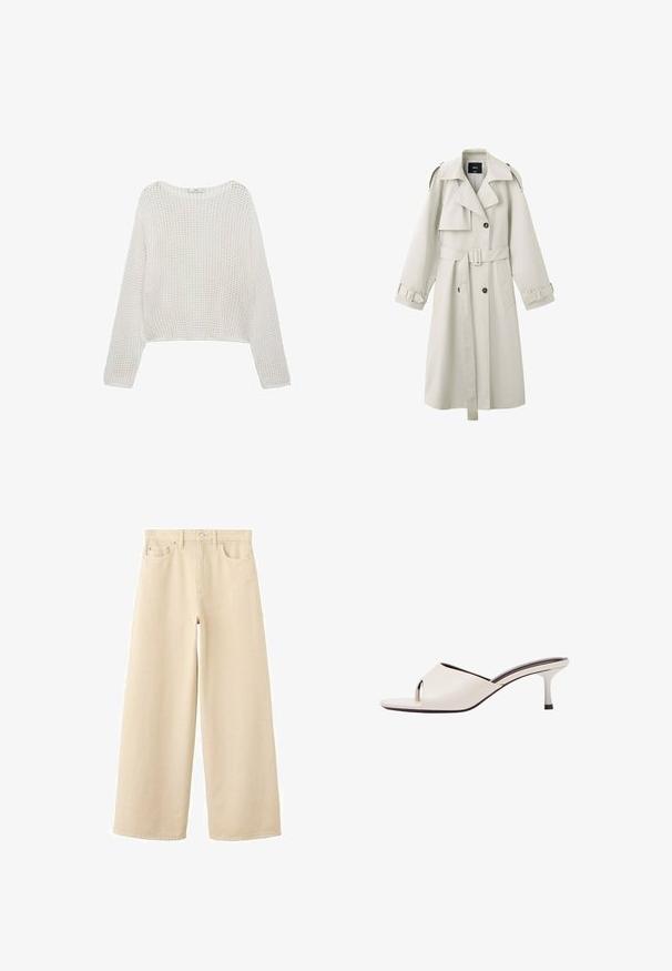 Lysebeige trenchcoat med brede revers, dobbeltradede knapper, bælte i taljen, skulderklapper og manchetstraps.; Hvid, langærmet striktrøje med et løst, struktureret mønster og en cropped pasform. Enkel halsudskæring og ribbet kantdetalje.; Beige jeans med brede ben lavet af bomuld med en glat tekstur. Har to forlommer og to baglommer, afsluttet med sølvfarvet hardware.; Hvid læder åben tå mule med en mellemhøj slank hæl og en tå-loop på en hvid baggrund.
