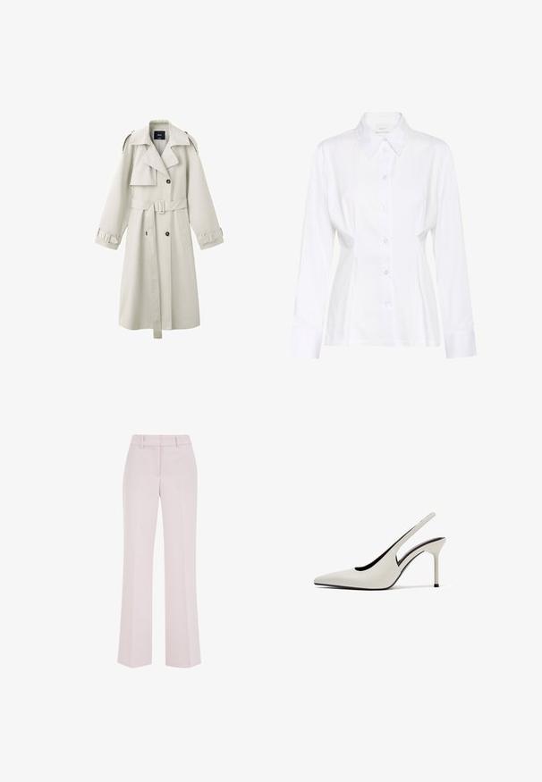 Trench-coat beige clair avec larges revers, boutons croisés, taille ceinturée, épaulettes aux épaules et brides aux poignets.; Blouse blanche à manches longues avec col pointu, taille cintrée et étiquette de marque visible "Gestuz" à l'intérieur du col.; Pantalon rose pâle à jambes droites avec passants de ceinture et détails de couture avant, présenté sur un fond blanc.; Escarpin blanc à bout pointu avec bride arrière, talon aiguille fin et finition en cuir lisse sur fond blanc.