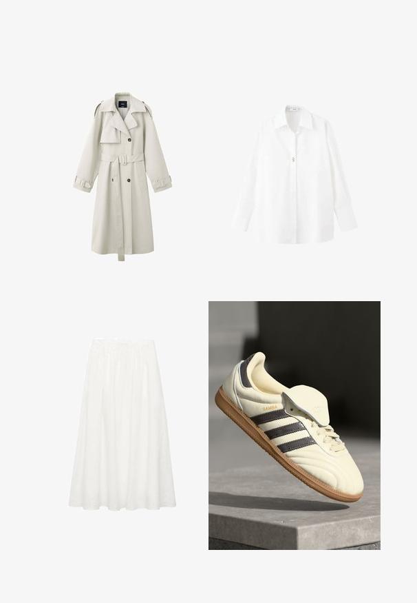 Lysebeige trenchcoat med brede revers, dobbeltradede knapper, bælte i taljen, skulderklapper og manchetstraps.; Hvid langærmet skjorte med knapper, klassisk krave og en enkelt synlig brun knap i midten.; Hvid, mid-length A-linje nederdel lavet af letvægts bomuld. Har en elastisk talje og et flydende design uden synlige mønstre eller accenter.; Cremefarvede lædersneakers med tre mørke striber, en brun gummisål og en afrundet tå. Har en foldbar tunge mærket "SAMBA."
