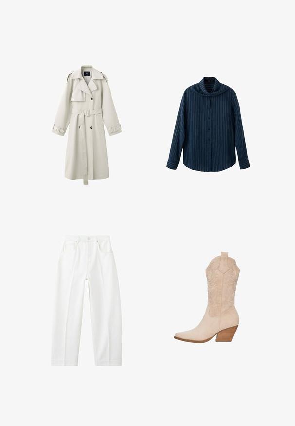 Lysebeige trenchcoat med brede revers, dobbeltradede knapper, bælte i taljen, skulderklapper og manchetstraps.; Marineblå langærmet skjorte med knapper, hvide lodrette nålestriber og en bred, draperet krave.; Hvide, højtaljede jeans med lige ben, forlommer, bæltestropper og knappelukning.; Beige svinemærkestøvle med spids tå, broderede detaljer på skaftet og en stablet træhæle.