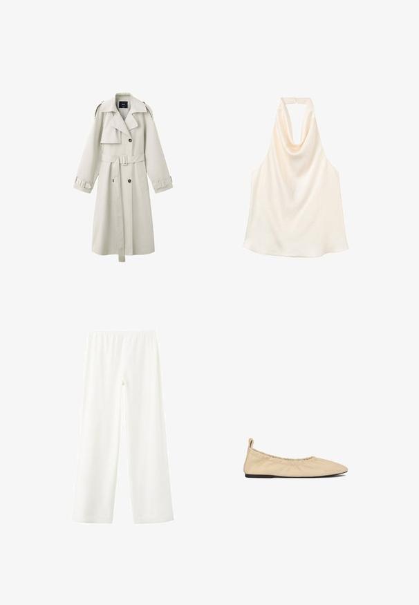 Lichtbeige trenchcoat met brede revers, dubbelrij knopen, tailleceintuur, schouderepauletten en manchettenbandjes.; Crèmekleurige mouwloze haltertop met een gedrapeerde col en een sluiting aan de achterkant.; Witte loszittende broek met elastische tailleband, rechte brede pijpen en een gladde stoftextuur, afgebeeld op een effen achtergrond.; Beige leren ballerina's met een gerimpelde elastische opening, puntige neus en platte zool. Zachte textuur met een minimalistisch ontwerp.
