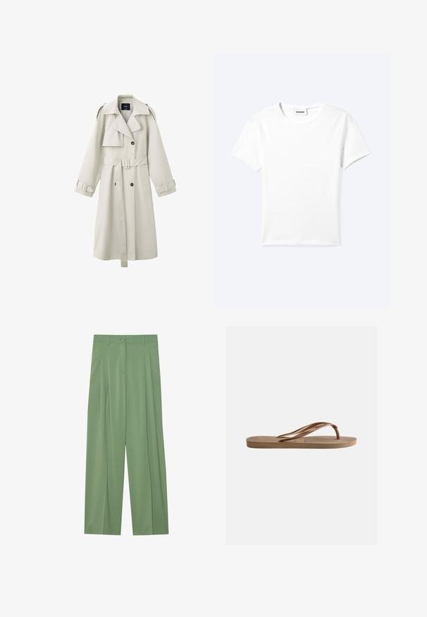 Gabardina beige claro con solapas anchas, botones cruzados, cintura con cinturón, hombreras y pulseras en los puños.; Camiseta blanca lisa de manga corta con cuello redondo y una pequeña etiqueta "WEEKDAY" dentro del cuello, mostrada extendida sobre un fondo claro.; Pantalones de pierna ancha verdes hechos de tela suave. Presentan pliegues en el frente, un cierre de botón único y pasadores para cinturón.; Chancla de goma marrón con suela texturizada y tiras en forma de V con la marca, sobre un fondo claro y liso.