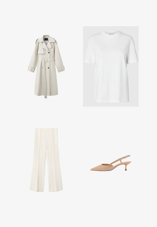 Gabardina beige claro con solapas anchas, botones cruzados, cintura con cinturón, hombreras y pulseras en los puños.; Camiseta de algodón blanca con mangas cortas y escote redondo. Presenta un corte relajado y un diseño minimalista sin patrones ni acentos.; Pantalones de pierna ancha color crema con cintura alta y pliegues delanteros, mostrados sobre un fondo blanco liso.; Zapatos de tacón bajo tipo slingback en color nude con punta afilada, hechos de un material brillante, que cuentan con una correa delgada con hebilla ajustable.