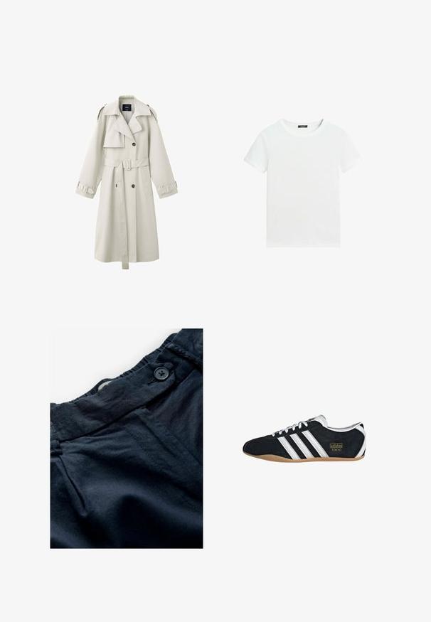 Lysebeige trenchcoat med brede revers, dobbeltradede knapper, bælte i taljen, skulderklapper og manchetstraps.; Almindelig hvid T-shirt med korte ærmer, rund halsudskæring og lille sort label inden i kraven.; Marineblå bukser lavet af letvægtsstof med flad talje, knaplukning og subtil tekstur. Har lommer og sømdetaljer.; Sort ruskinds sneaker med hvide tre striber, guldlogo og en brun gummisål. Har et lavprofil snørebåndsdesign.