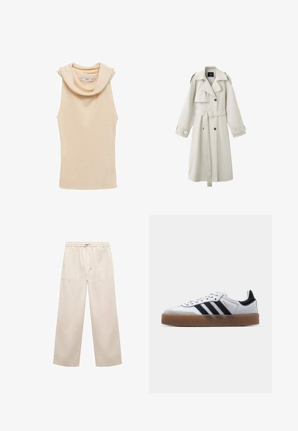 Lysebeige trenchcoat med brede revers, dobbeltradede knapper, bælte i taljen, skulderklapper og manchetstraps.; Beige ærmeløs top med en draperet halsudskæring, lavet af ribbet stof. Har en glat tekstur og en tætsiddende silhuet.; Beige brede bukser lavet af bomuld, udstyret med en elastisk talje med snor og to frontlommer. Glat tekstur, skræddersyet design.; Hvide lædersneakers med sorte striber, gummirubber sål, rund tå, snørelukning og blød grå ruskinds tåhætte.