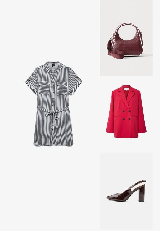 Roter, zweireihiger Blazer mit Reverskragen, schwarzen Knöpfen, zwei Fronttaschen und glatter Stoffstruktur.; Atmungsaktives Hemd mit Knopfleiste in Marineblau und weißen vertikalen Streifen. Mit zwei Brusttaschen, kurzen Ärmeln und einem gebundenen Gürtel in der Taille.; Glänzender dunkelbrauner Slingback-Hochschuh mit Knöchelriemen, runder Schnalle, spitzer Zehenpartie und Blockabsatz.; Dunkelrote gewebte Ledertasche mit gebogenem Griff, weißem Besatz, silbernem Reißverschluss und abnehmbarem breitem Stoff-Schulterriemen vor einfarbigem Hintergrund.