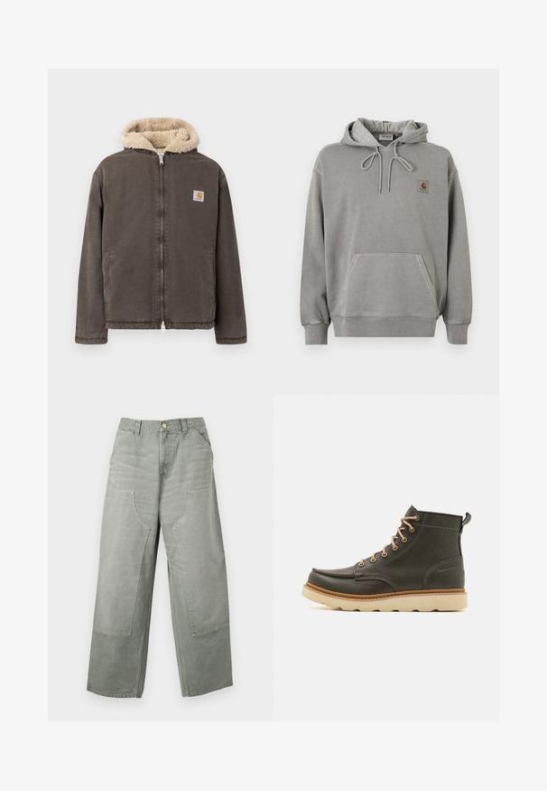 Braune Reißverschlussjacke mit beige gefütterter Kapuze aus Fleece und zwei Vordertaschen, mit kleinem quadratischem Carhartt-Logo auf der Brust.; Hellgrauer Carhartt-Pullover-Hoodie mit Kängurutasche vorne, Kapuze mit Kordelzug, gerippten Bündchen und kleinem Markenlogo auf der Brust.; Locker sitzende, hoch taillierte graue Hose mit weitem Bein, großen aufgesetzten Taschen vorne, Gürtelschlaufen und Knopfverschluss.; Dunkelgrüne Lederknöchelstiefel mit beigen Schnürsenkeln, gepolsterter Schuhkragen und strukturiertem Gummisohle. Verfügt über wasserdichte Markierungen und Nähdetails.
