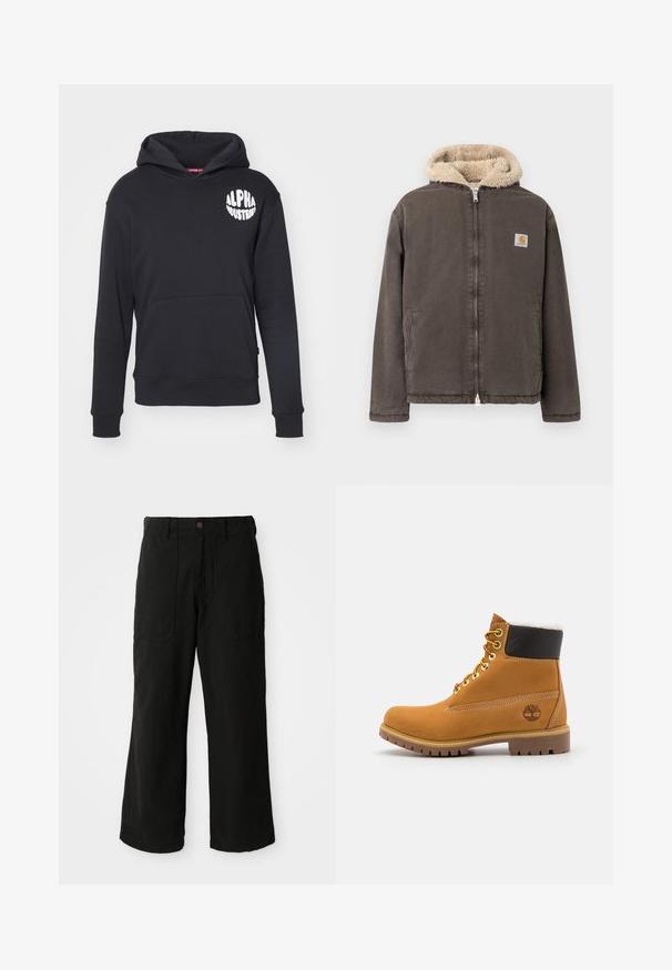 Brun lynlåstrøje med beige fleeceforet hætte og to forlommer, med et lille firkantet Carhartt-logo på brystet.; Sort hættebluse lavet af en bomuldsblanding. Har en front-kangaroo lomme, logo i hvidt på venstre bryst og ribbede ærmer og kant.; Sorte vide benbukser lavet af blødt stof, med frontlommer og en knaplukning i taljen. Minimalistisk design uden synlige mønstre.; Brune læder ankelstøvle med metaløjer, hvid pelsforing, sort polstret krave, robust sål og præget logo på siden.