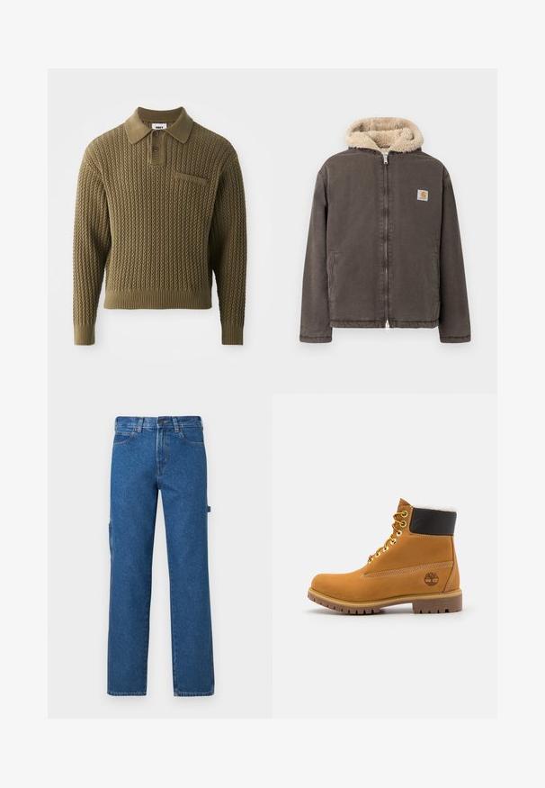 Hnedá bunda na zips s kapucňou lemovanou béžovým fleesom a dvoma prednými vreckami, s malým štvorcovým logom Carhartt na hrudi.; Pletený sveter v olivovo zelenej farbe s textúrovaným vzorom, s golierom a náprsenkou na tri gombíky. Má rebrované manžety a lem.; Modré džínsy z denimu s priamym strihom nohavíc, s piatimi vreckami, zapínaním na gombíky a bočným vreckom na ľavej nohe. Klasické prešitie.; Hnedé kožené ankle boot s kovovými očkami, bielym kožúškom vo vnútri, čiernym vypolstrovaným golierom, robustnou podrážkou a vyrazeným logom na boku.
