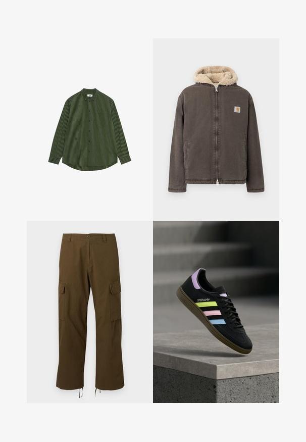 Brun lynlåstrøje med beige fleeceforet hætte og to forlommer, med et lille firkantet Carhartt-logo på brystet.; Langærmet skjorte i mørkegrønne og marineblå lodrette striber, med en knappet krave, lomme på venstre bryst og en buet kant.; Brune cargobukser med lige ben, klaplågslommer på lårene, knap- og lynlåslukning, bæltestropper og justerbare snørre i kanten.; Sort Adidas Spezial sneaker med pastelgule, pink og blå striber, lavendel hælstrop og brun sål, svævende over betonforkant.