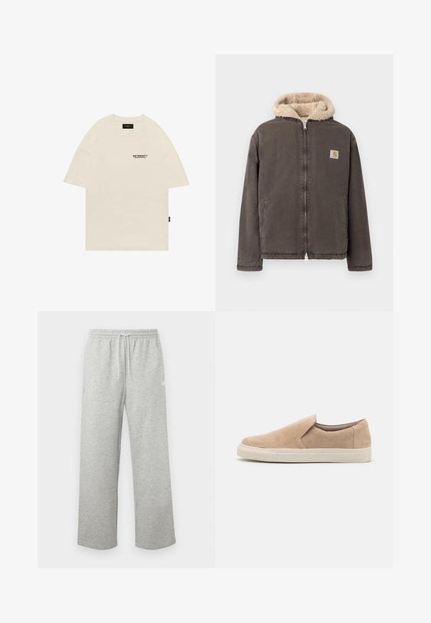 Veste marron à fermeture éclair avec capuche doublée en polaire beige et deux poches avant, comportant un petit logo Carhartt carré sur la poitrine.; T-shirt en coton beige avec un col rond, au design surdimensionné, et un logo imprimé noir sur la poitrine gauche. Manches courtes à coupe droite.; Pantalon de survêtement gris clair à cordon de serrage avec taille élastique et jambes larges et droites, présenté sur un fond uni.; Chaussure slip-on beige en daim, avec un bout arrondi, des côtés élastiques et une semelle en caoutchouc blanc avec des accents texturés.