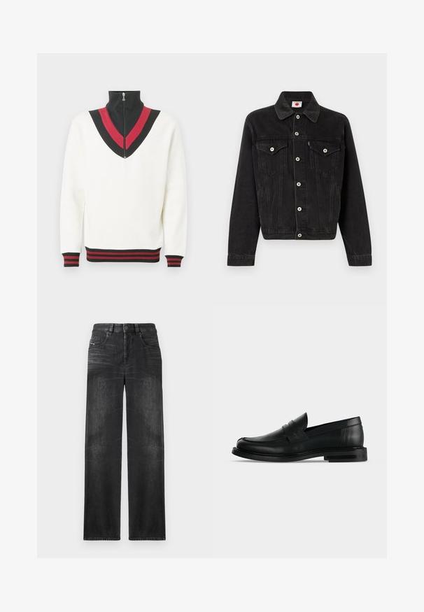 Sort denimjakke med krave, knappelukning foran og to brystlommer. Har sølvfarvet hardware og synlige sømme. Klassisk design.; Hvid pullover med høj krave, der har et sort og rødt V-formet design på brystet samt kontrasterende ribstrikkede manchetter og kant.; Sorte straight-leg jeans lavet af denim, med fem lommer, bæltestropper og subtil falmning på stoffet for tekstur.; Sort læder herre penny loafer med lav stablet hæl og rundet tå vist fra siden på lys grå baggrund.