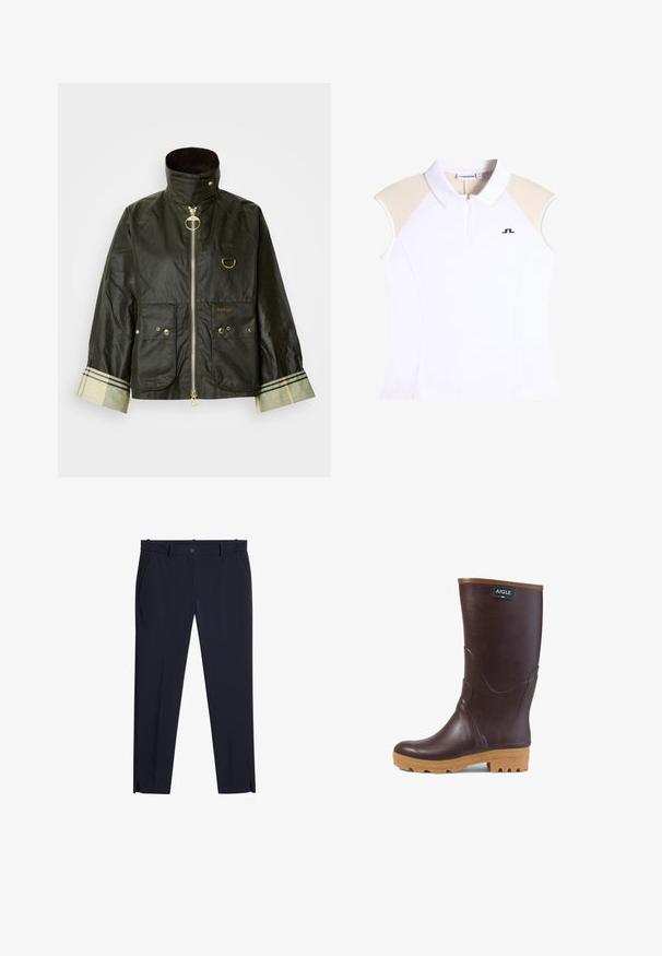 Dunkelgrüne gewachste Jacke mit hohem Kragen, goldfarbenen Beschlägen, zwei Fronttaschen und kariertem Detail am Ärmelbündchen. Markennamen "Barbour" sichtbar.; Weißes kurzärmeliges Poloshirt mit Reißverschluss am Kragen, beigen Schulterakzenten und schwarzem Logo auf der Vorderseite. Glatte Textur, figurbetontes Design.; Herren dunkelmarineblaue Slim-Fit-Hosen mit Gürtelschlaufen, Fronttaschen, Reißverschluss und kleinen Schlitzchen an der Vorderseite des Hosenbeins am Saum.; Dunkelbrauner Gummistiefel bis zur Mitte der Wade mit hellbrauner Sohle, strukturiertem Profil und "AIGLE"-Logo-Patch nahe der Oberseite.